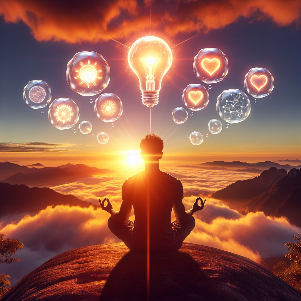 A calm individual meditating on a mountain at sunrise with visual thought bubbles showing lightbulbs, hearts, and paths—symbolizing clarity, purpose, and internal guidance. A calm individual meditating on a mountain at sunrise with visual thought bubbles showing lightbulbs, hearts, and paths—symbolizing clarity, purpose, and internal guidance.