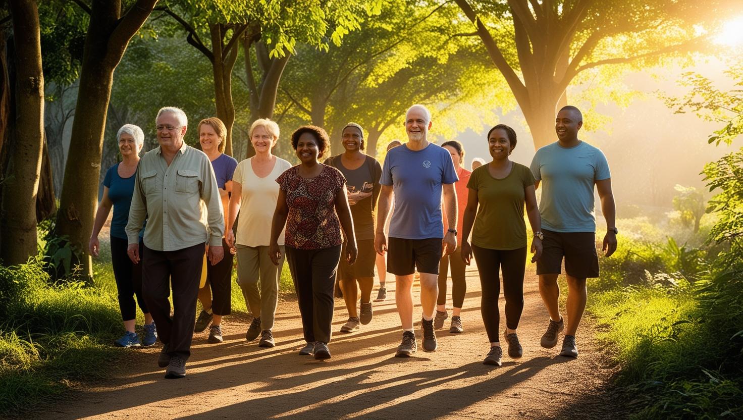 A diverse group walking peacefully in the forest at sunrise A diverse group walking peacefully in the forest at sunrise