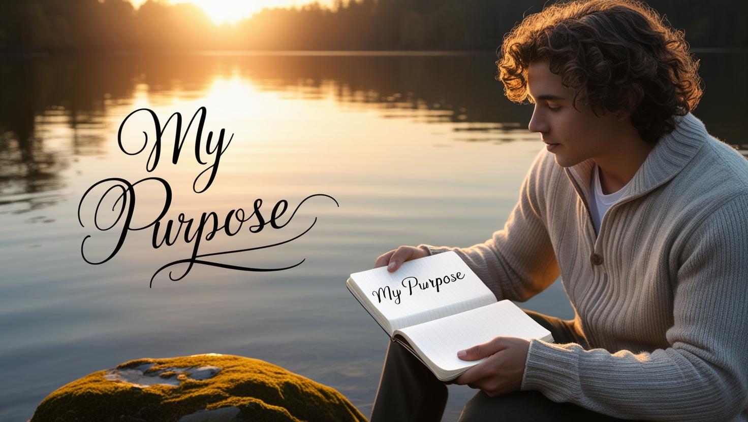 A person journaling near a lake, notebook open to “My Purpose.” A person journaling near a lake, notebook open to “My Purpose.”