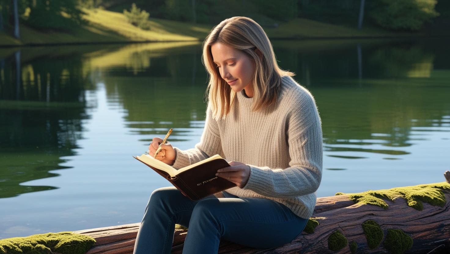 A person journaling near a lake A person journaling near a lake