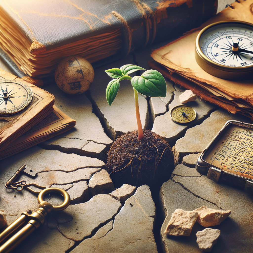 A seedling growing out of cracked concrete, surrounded by symbols like a compass, journal, and calendar—representing personal growth, resilience, and steady progress through life transitions. A seedling growing out of cracked concrete, surrounded by symbols like a compass, journal, and calendar—representing personal growth, resilience, and steady progress through life transitions.