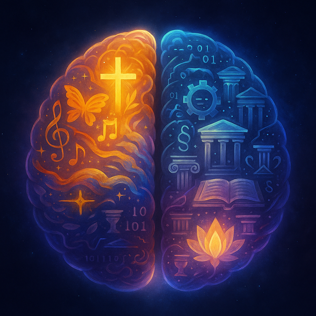 A brain made of interwoven fields like art, science, technology, and philosophy, glowing with insight. A brain made of interwoven fields like art, science, technology, and philosophy, glowing with insight.