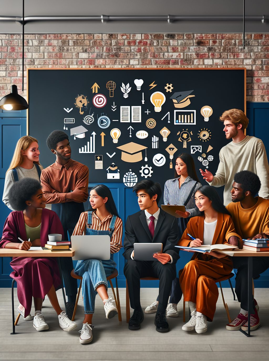 A confident, diverse group of senior high school students (ages 17–18) preparing for their next steps. One is presenting a portfolio on a tablet, another is working on a laptop writing a resume, one is talking to a mentor, and another is pinning a goal card on a vision board A confident, diverse group of senior high school students (ages 17–18) preparing for their next steps. One is presenting a portfolio on a tablet, another is working on a laptop writing a resume, one is talking to a mentor, and another is pinning a goal card on a vision board