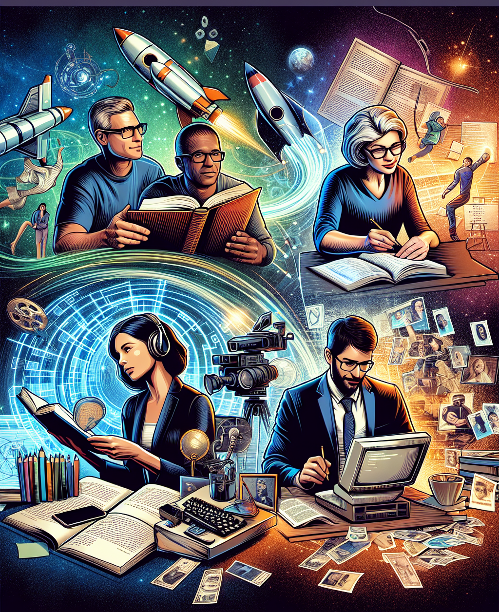 A dynamic collage-style illustration featuring four inspirational self-learners—a successful tech entrepreneur, a famous talk show host, a notable television producer, and a renowned software developer—each engaged in their unique learning spaces. The tech entrepreneur is reading aerospace books with rockets in the background, the talk show host is surrounded by books and introspective journal notes, the television producer is drafting storyboards with television scripts and cameras nearby, and the software developer is coding on a vintage-style computer. Blend these different scenes with flowing transitions to symbolize the diversity of learning paths. The overall tone should be motivational and celebratory, accentuated with subtle glow effects or icons symbolizing curiosity, creativity, and innovation. A dynamic collage-style illustration featuring four inspirational self-learners—a successful tech entrepreneur, a famous talk show host, a notable television producer, and a renowned software developer—each engaged in their unique learning spaces. The tech entrepreneur is reading aerospace books with rockets in the background, the talk show host is surrounded by books and introspective journal notes, the television producer is drafting storyboards with television scripts and cameras nearby, and the software developer is coding on a vintage-style computer. Blend these different scenes with flowing transitions to symbolize the diversity of learning paths. The overall tone should be motivational and celebratory, accentuated with subtle glow effects or icons symbolizing curiosity, creativity, and innovation.