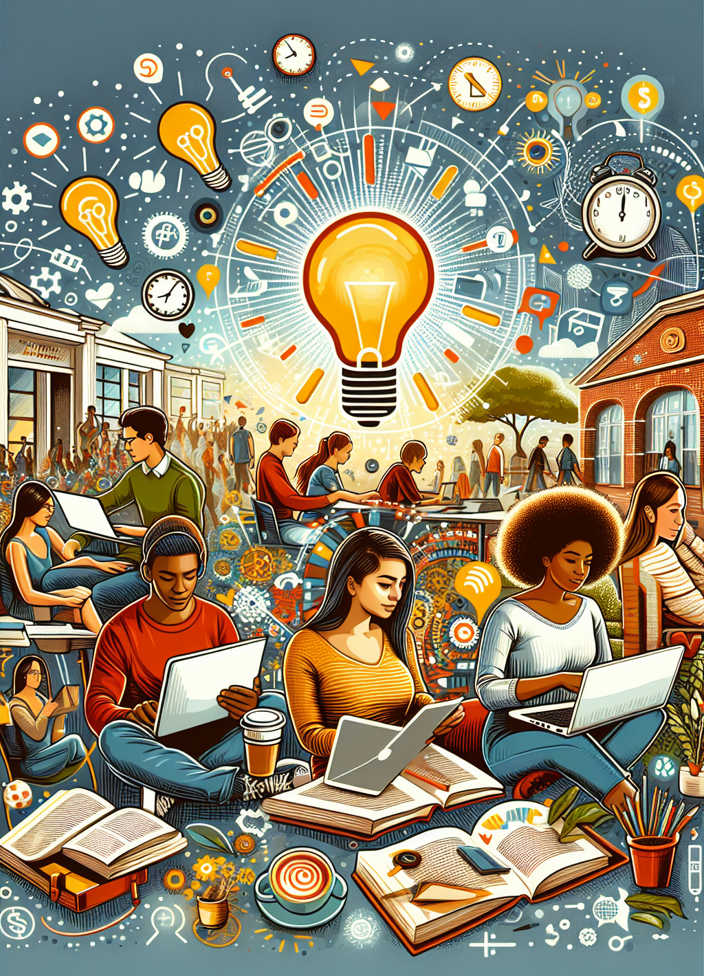 Generate a detailed, inspiring illustration featuring a multiethnic group of young adults engaged in different activities in unique environments. Encircling them are various floating icons - light bulbs symbolizing unique ideas, clocks epitomizing efficient time management, books standing for knowledge, wifi symbols indicating internet access, and dollar signs signifying the affordability of self-education. The overall ambiance should evoke energy and empowerment, reflecting the joy and freedom that comes from self-learning. Generate a detailed, inspiring illustration featuring a multiethnic group of young adults engaged in different activities in unique environments. Encircling them are various floating icons - light bulbs symbolizing unique ideas, clocks epitomizing efficient time management, books standing for knowledge, wifi symbols indicating internet access, and dollar signs signifying the affordability of self-education. The overall ambiance should evoke energy and empowerment, reflecting the joy and freedom that comes from self-learning.