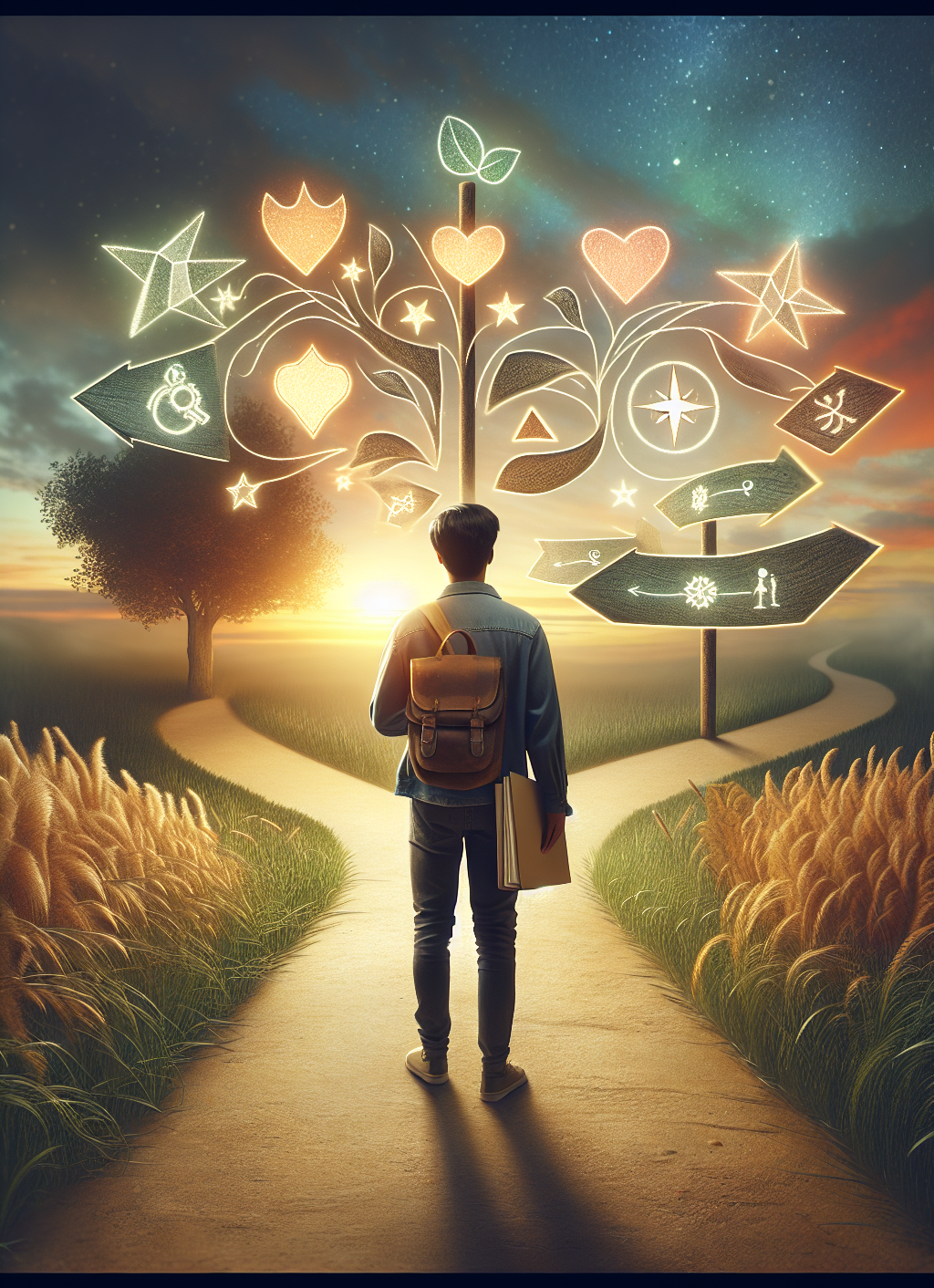 A young adult standing at a crossroads or trail, holding a journal or digital tablet with past reflections visible. Around them are soft, glowing symbols like compass icons, stars, hearts, and leaves—representing guidance, growth, purpose, and sustainability. The path ahead splits into several inspiring directions (education, creativity, nature, community). A young adult standing at a crossroads or trail, holding a journal or digital tablet with past reflections visible. Around them are soft, glowing symbols like compass icons, stars, hearts, and leaves—representing guidance, growth, purpose, and sustainability. The path ahead splits into several inspiring directions (education, creativity, nature, community).