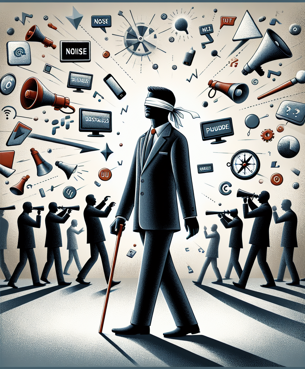 A man in modern business attire walking with a white cane and blindfolded. The background feels subtly chaotic, with shadows of people pointing in different directions, and faint text or icons representing media, politics, and tech. A man in modern business attire walking with a white cane and blindfolded. The background feels subtly chaotic, with shadows of people pointing in different directions, and faint text or icons representing media, politics, and tech.