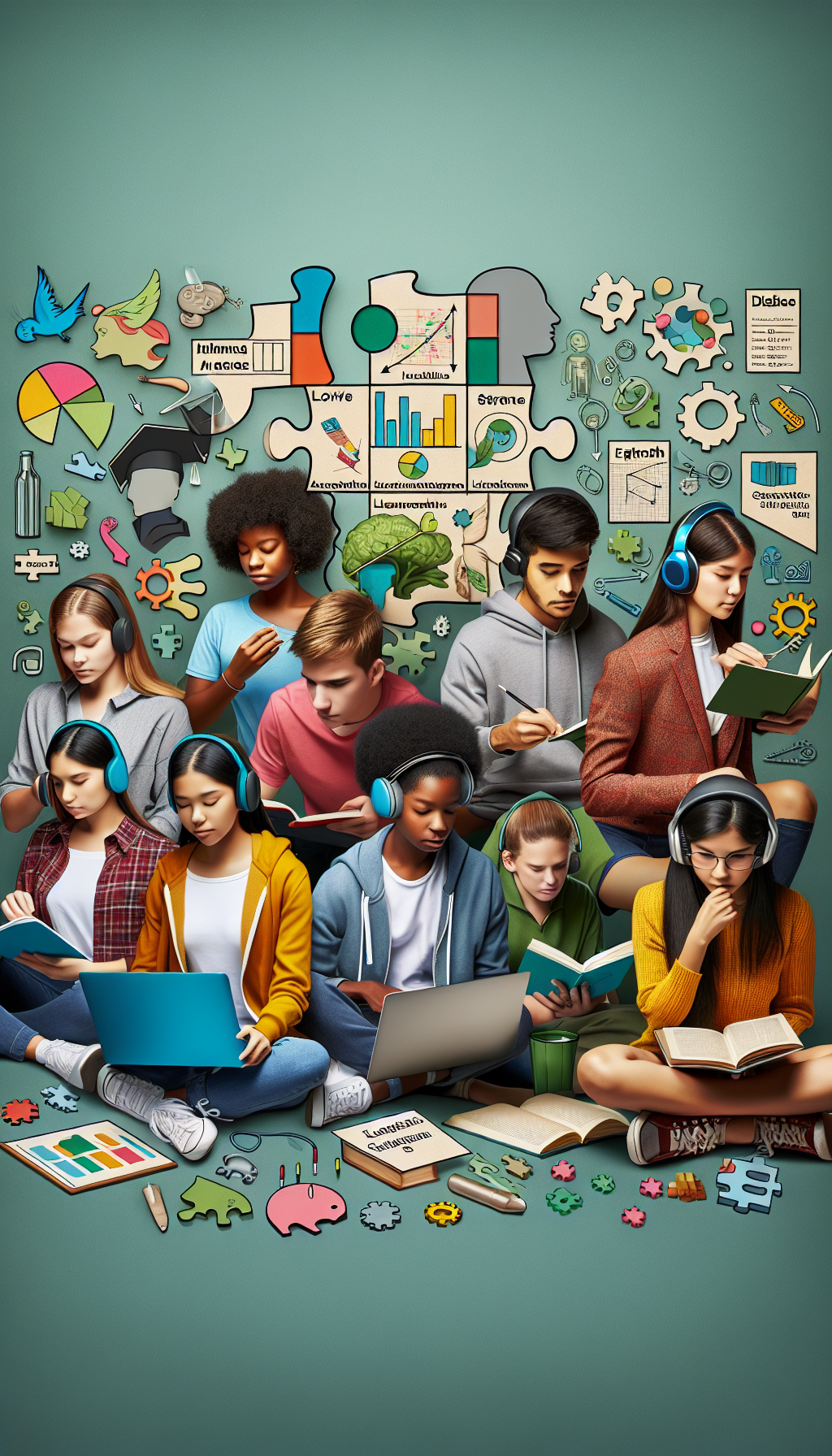 A multi-ethnic group of teenagers utilizing various tools that denote different learning styles. An Asian girl is engaged with a laptop, implying a digital-visual learning preference. Nearby, a Black boy is absorbed in analyzing printed charts and graphs, illustrating logical-mathematical learning. A Hispanic girl has her headphones on, suggesting an auditory learning style. A Caucasian boy is avidly reading a book, demonstrating the verbal-linguistic approach to learning. A Middle-Eastern girl is engrossed with a science experiment kit, showing a tactile-kinesthetic learning inclination. In the backdrop, an immense puzzle is being assembled, each piece is labeled with words like 'Flow,' 'Strengths,' and 'Study Habits,' representing different aspects of the learning process. A multi-ethnic group of teenagers utilizing various tools that denote different learning styles. An Asian girl is engaged with a laptop, implying a digital-visual learning preference. Nearby, a Black boy is absorbed in analyzing printed charts and graphs, illustrating logical-mathematical learning. A Hispanic girl has her headphones on, suggesting an auditory learning style. A Caucasian boy is avidly reading a book, demonstrating the verbal-linguistic approach to learning. A Middle-Eastern girl is engrossed with a science experiment kit, showing a tactile-kinesthetic learning inclination. In the backdrop, an immense puzzle is being assembled, each piece is labeled with words like 'Flow,' 'Strengths,' and 'Study Habits,' representing different aspects of the learning process.
