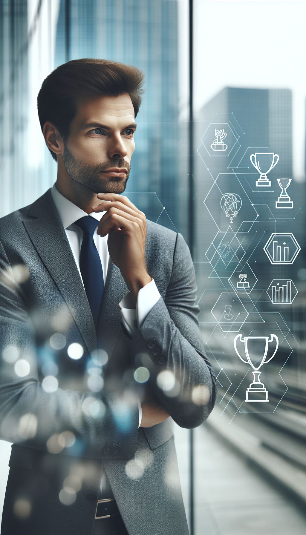 A thoughtful high-achieving professional man standing in a modern city environment, well-dressed and outwardly successful, surrounded by subtle blurred symbols of achievement (trophies, graphs, awards), an emotional contrast between external success and internal reflection.