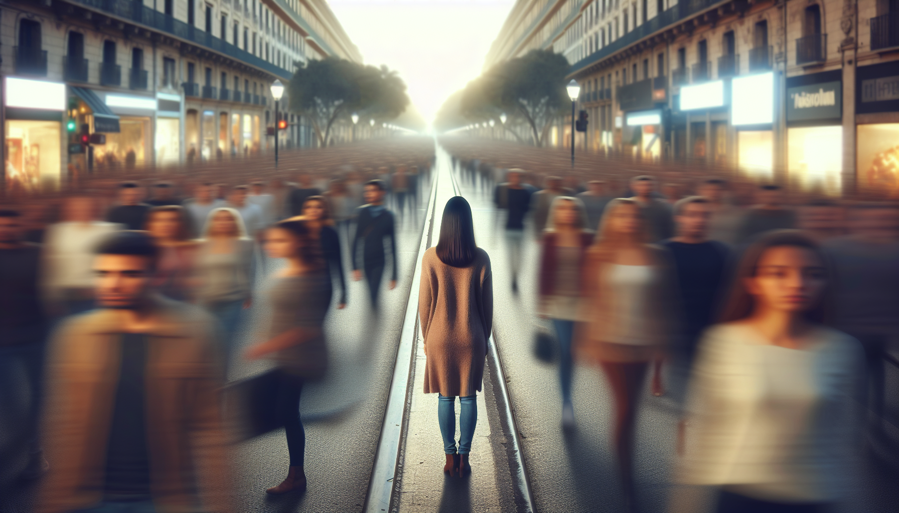 woman pauses, her gaze directed towards an alternate, quiet path leading into a serene, naturally lit landscape.