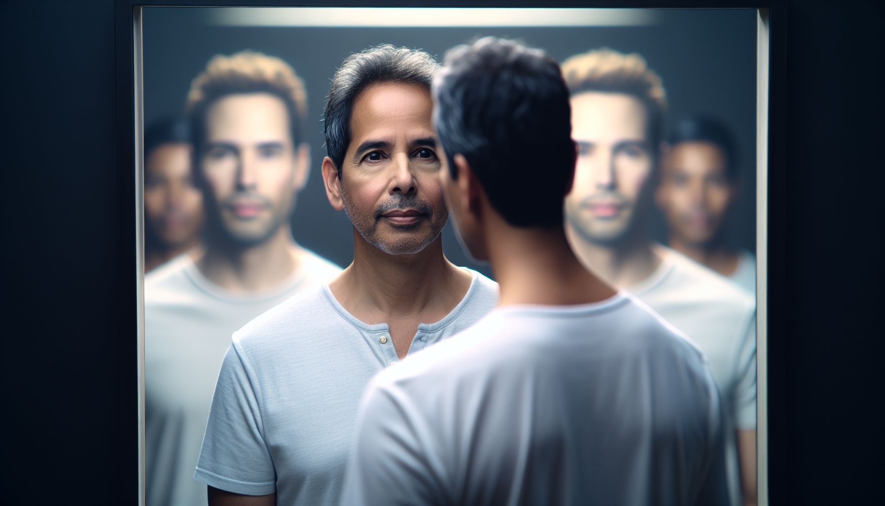 A person standing in front of a large mirror that subtly distorts their reflection—making them appear smaller or less complete than they actually are.