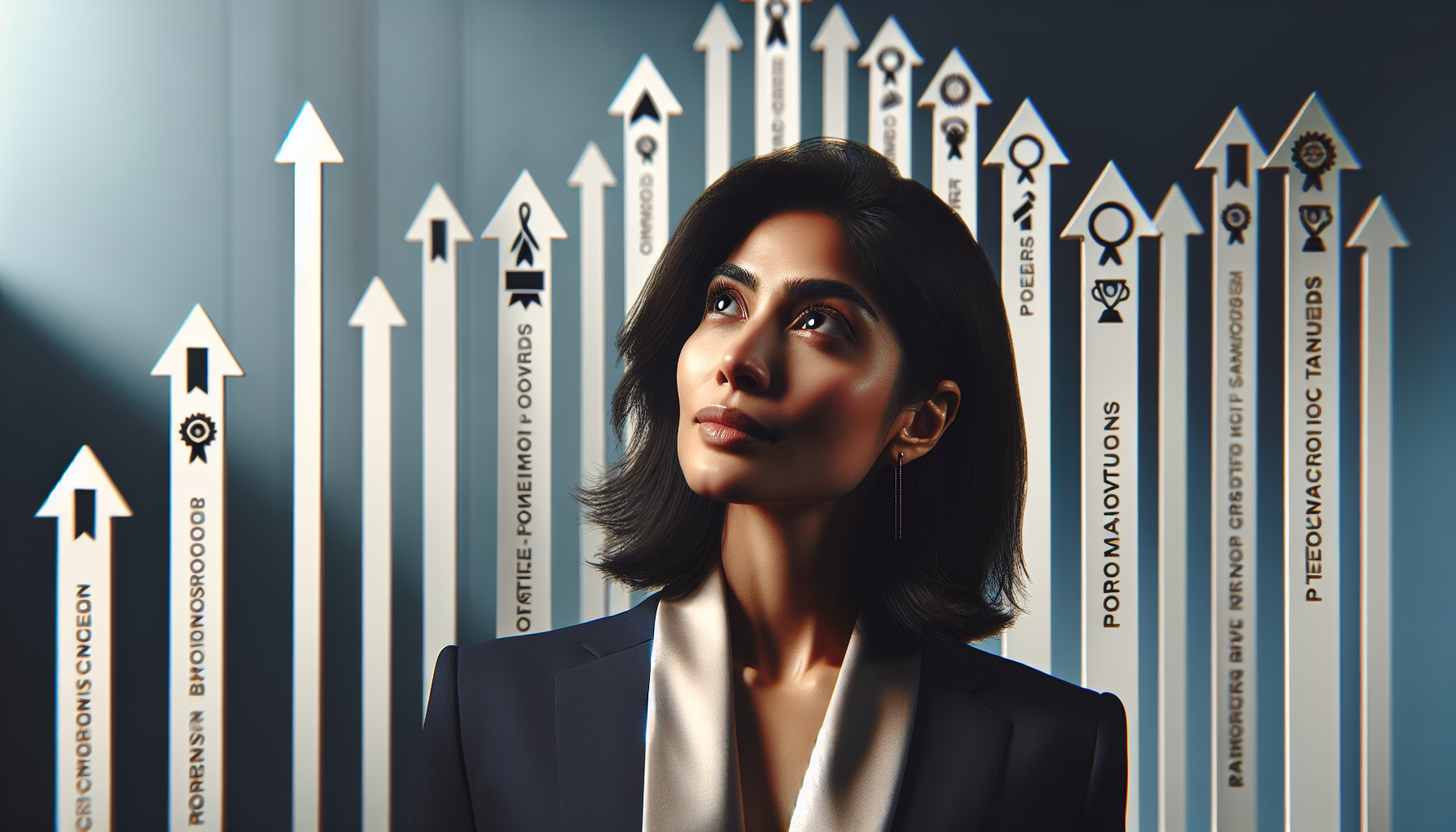 A high-achieving professional standing in front of a series of rising goal markers or bars that continuously extend upward and out of reach, each labeled subtly with symbols of success (promotion, awards, targets), the person looking up with a thoughtful, slightly tense expression