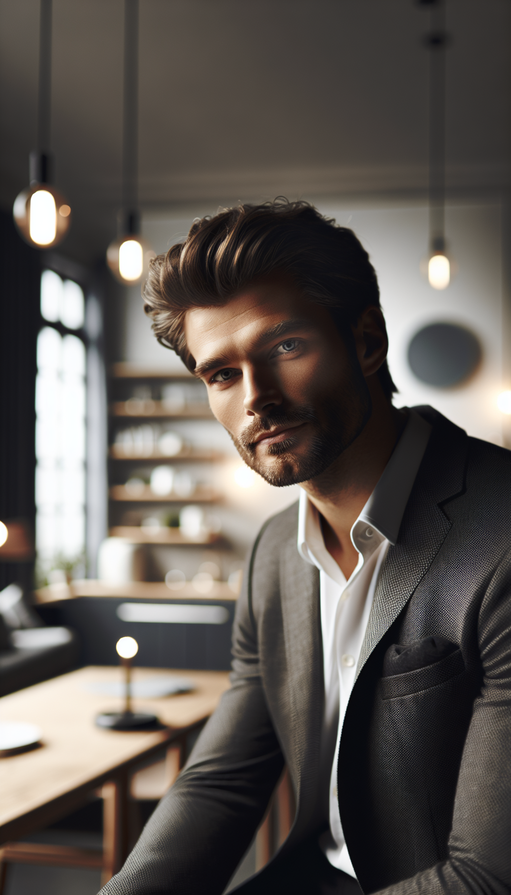 a well-dressed, high-functioning adult Caucasian man, appearing composed and put-together. However, his gaze should be slightly distant, suggesting his attention is directed inwards or disconnected. 