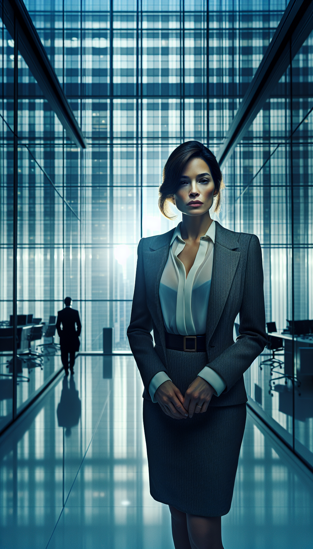 a professional Hispanic woman standing resolutely, dressed in a chic, business attire. Her demeanor echoes self-assuredness and remarkable achievement, albeit shrouding inner turmoil, suggested subtly through clenched hands, a minor strain in her jawline, and a faint shadowy figure lurking at her back. 