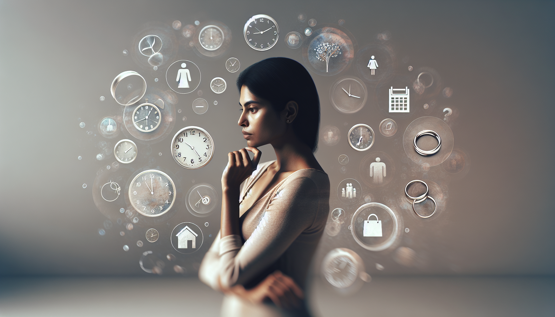 a person standing still while faint, semi-transparent clocks, calendars, and milestone icons (wedding, career, house) float around them in the air, slightly blurred and overlapping. 