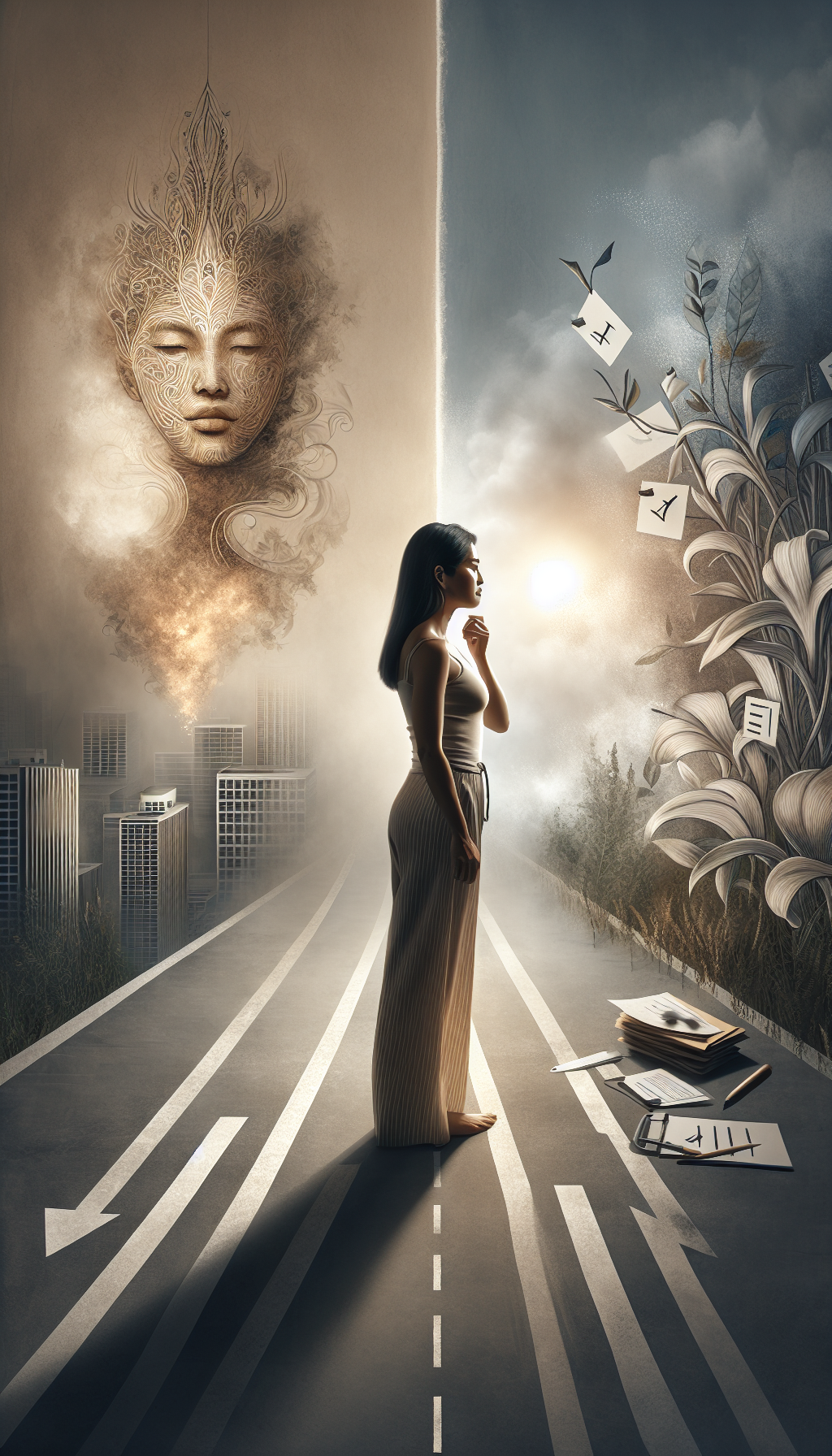 a thoughtful South Asian adult woman standing at the junction of two paths. On one side, draw a structured environment with corporate buildings and faintly visible checklists, these represent compliance and external expectations. Conversely, the other side should convey a softer, organic environment with natural light, open spaces, and flowing textures, symbolizing alignment and inner truth.