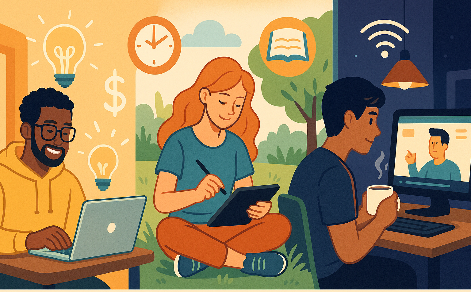 An inspiring, modern illustration of a diverse group of young adults in different settings—one coding on a laptop in a cozy café, another sketching designs on a tablet in a sunny park, another watching a tutorial at night with a cup of coffee. Around them float icons like light bulbs, clocks, books, wifi symbols, and dollar signs—representing passion, flexibility, global access, and affordability. The atmosphere is energetic and empowering, showing self-learning as joyful and liberating. An inspiring, modern illustration of a diverse group of young adults in different settings—one coding on a laptop in a cozy café, another sketching designs on a tablet in a sunny park, another watching a tutorial at night with a cup of coffee. Around them float icons like light bulbs, clocks, books, wifi symbols, and dollar signs—representing passion, flexibility, global access, and affordability. The atmosphere is energetic and empowering, showing self-learning as joyful and liberating.