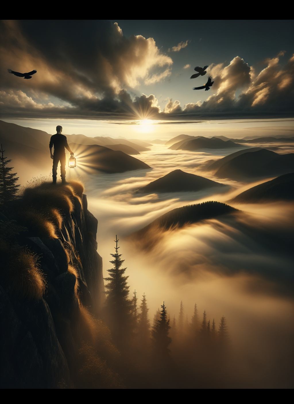 A symbolic and emotionally resonant image of a lone individual standing on a high cliff or mountaintop at dawn, looking out over a vast, fog-covered valley below. The person should appear alert and steadfast, holding a lantern or compass that glows faintly in their hand. Surround them with subtle signs of both threat and hope—shadows lurking in the fog below, while rays of morning light break through the clouds above. A symbolic and emotionally resonant image of a lone individual standing on a high cliff or mountaintop at dawn, looking out over a vast, fog-covered valley below. The person should appear alert and steadfast, holding a lantern or compass that glows faintly in their hand. Surround them with subtle signs of both threat and hope—shadows lurking in the fog below, while rays of morning light break through the clouds above.