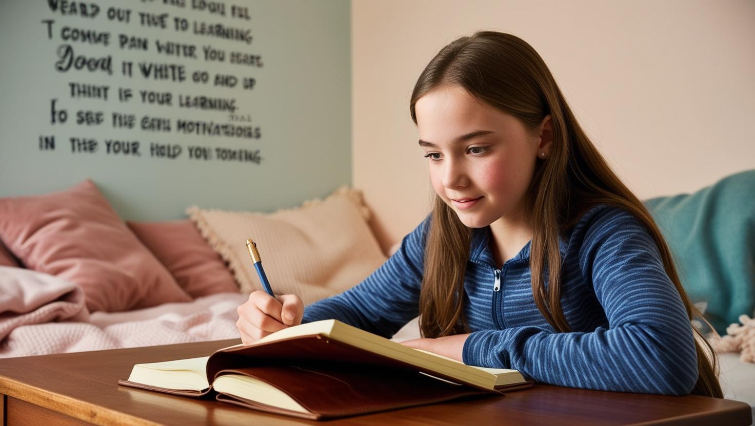 Teenage girl writing in a journal at a desk Teenage girl writing in a journal at a desk