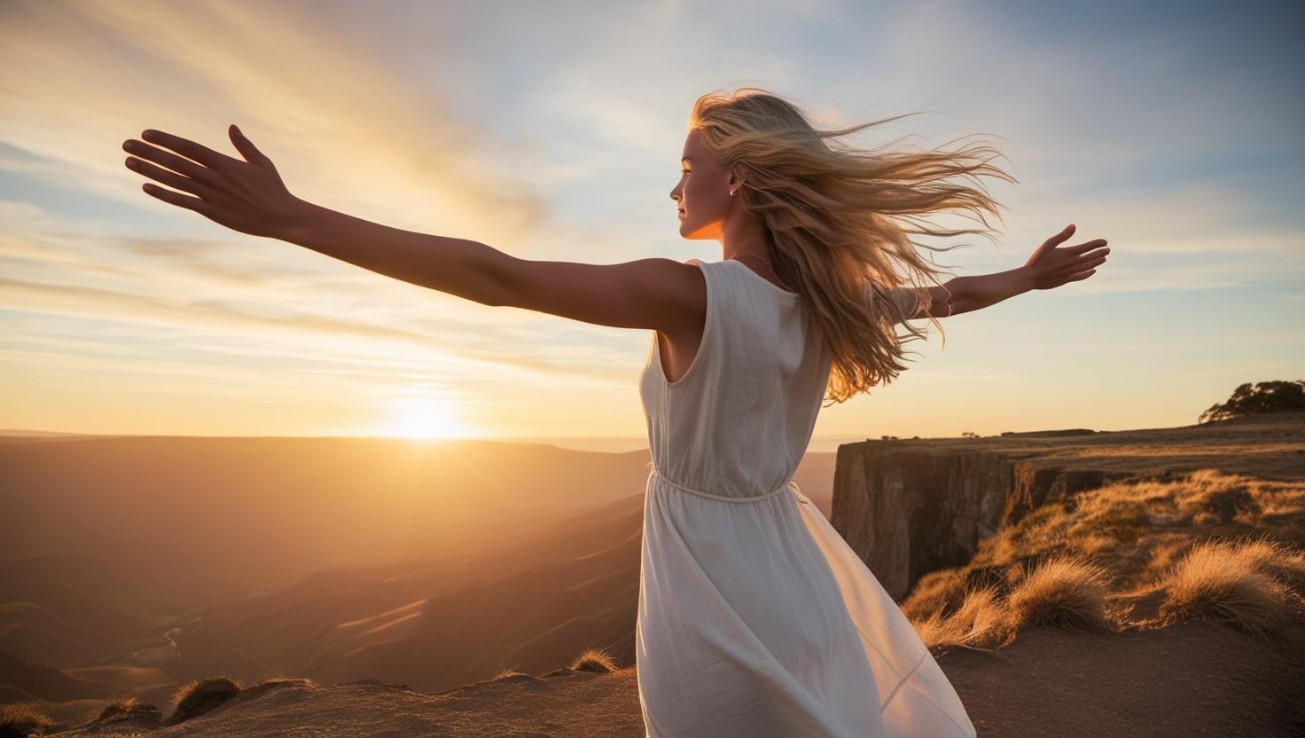 Young person standing at sunrise on a cliff Young person standing at sunrise on a cliff