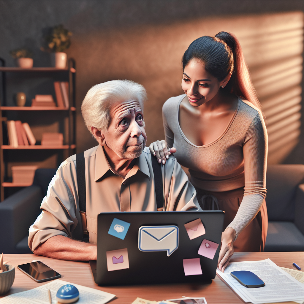 an older adult showing signs of hesitation, seated at a desk equipped with a laptop. Standing nearby is a patient young female, possibly a coach or family member, offering gentle assistance. an older adult showing signs of hesitation, seated at a desk equipped with a laptop. Standing nearby is a patient young female, possibly a coach or family member, offering gentle assistance.