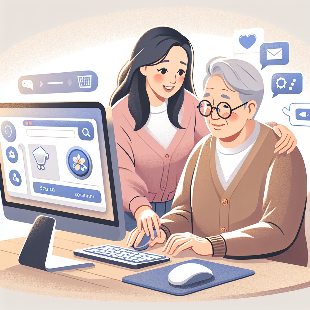 Illustrate a heartwarming scene where an older adult of South Asian descent is learning to use a computer, guided tenderly by a Hispanic family member or coach. On the computer screen, display straightforward icons such as a mouse, a browser window, and an AI chat interface. Illustrate a heartwarming scene where an older adult of South Asian descent is learning to use a computer, guided tenderly by a Hispanic family member or coach. On the computer screen, display straightforward icons such as a mouse, a browser window, and an AI chat interface.