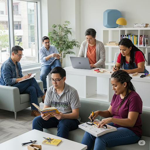 diverse group of adults involved in reading, onlinecours, hands on projects and mentoring diverse group of adults involved in reading, onlinecours, hands on projects and mentoring