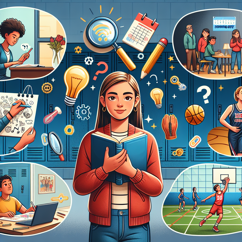 Student She can be seen reading a book in a classroom setting, volunteering at a community event, working on a sketch in art class, and playing basketball on a sports field. The environs also incorporate representative icons such as an open diary, a magnifying glass, question marks and glowing lightbulbs symbolizing ideas. The background setting showcases rows of school lockers and a prominently displayed calendar with the encouraging slogan 'Try Something New' emphasized on it. Student She can be seen reading a book in a classroom setting, volunteering at a community event, working on a sketch in art class, and playing basketball on a sports field. The environs also incorporate representative icons such as an open diary, a magnifying glass, question marks and glowing lightbulbs symbolizing ideas. The background setting showcases rows of school lockers and a prominently displayed calendar with the encouraging slogan 'Try Something New' emphasized on it.