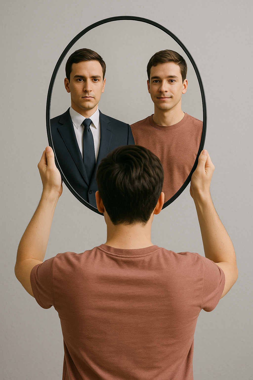 A person holding a mirror reflecting two versions of themselves A person holding a mirror reflecting two versions of themselves