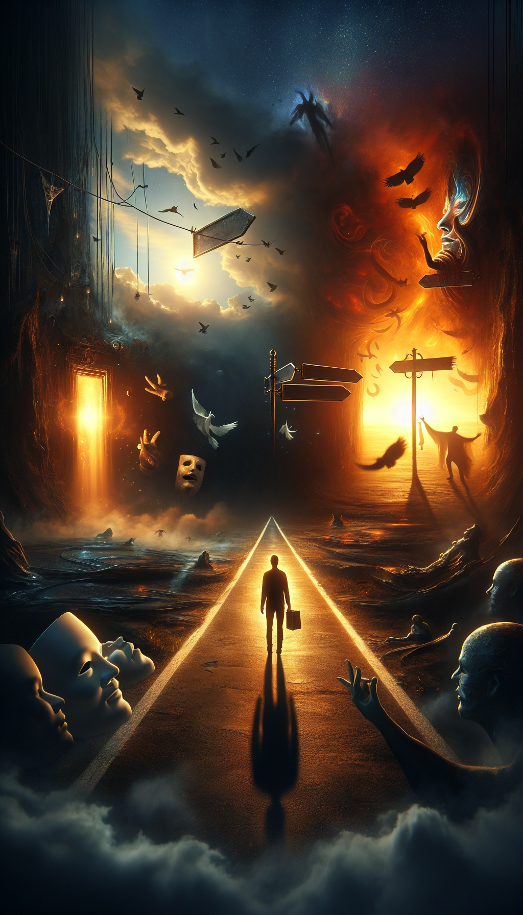 A powerful, symbolic image showing a person standing at a crossroads in a shadowy, surreal landscape. One path is narrow, glowing with warm, heavenly light and guided by a distant source of divine illumination. The other path is wide, dark, and littered with broken signs, twisted mirrors, crumbling statues, and flickering screens. The person stands in hesitation, holding a mirror that reflects abstract confusion—floating masks, chaotic lines, and blurred figures. In the background, ghostly figures whisper or gesture from the darker path, while soft radiant beams gently reach from the lighted path. A powerful, symbolic image showing a person standing at a crossroads in a shadowy, surreal landscape. One path is narrow, glowing with warm, heavenly light and guided by a distant source of divine illumination. The other path is wide, dark, and littered with broken signs, twisted mirrors, crumbling statues, and flickering screens. The person stands in hesitation, holding a mirror that reflects abstract confusion—floating masks, chaotic lines, and blurred figures. In the background, ghostly figures whisper or gesture from the darker path, while soft radiant beams gently reach from the lighted path.